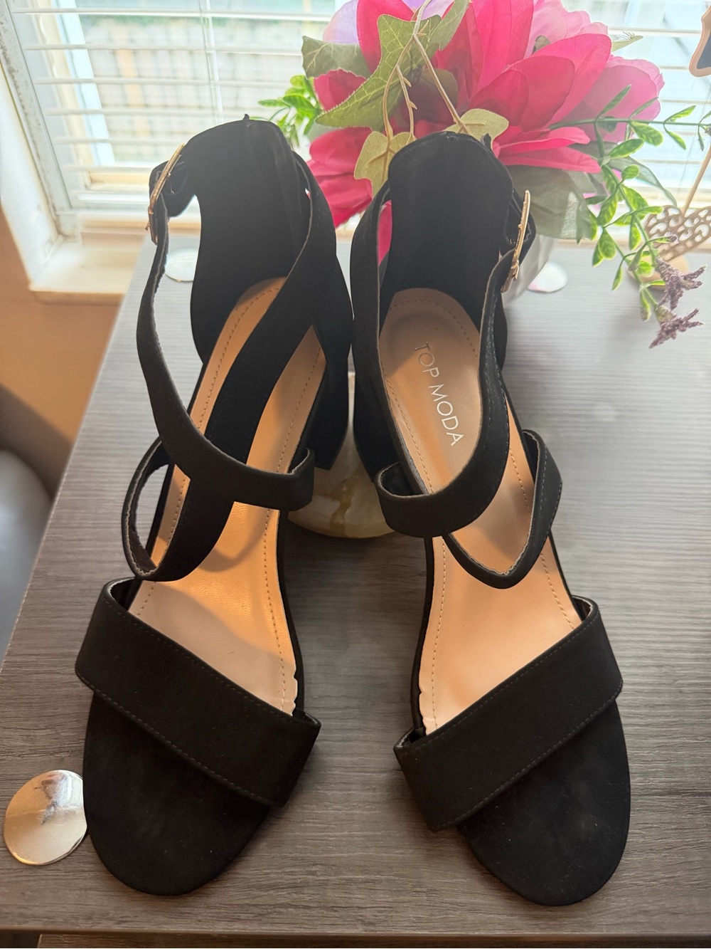 TOP Moda Black Suede Strappy Block Heel Sandals